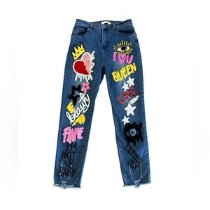 Lizette Collection jeans embroidered patches phrases graphics